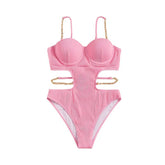 Traje de baño de una pieza con botones y cadena de metal, acolchado y liso, con lazo.